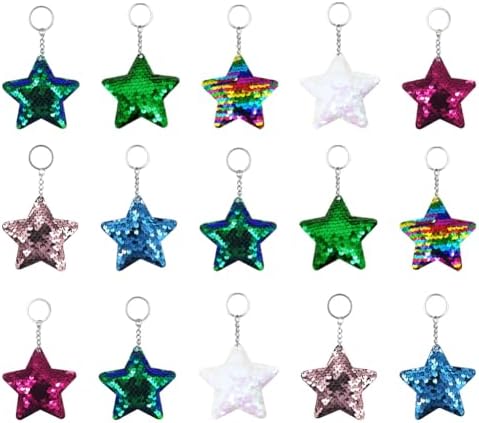 GSHLLO 15 Pcs Glitter Star Sequin Keychain Reversible Sequin Keyring Colourful Flip Key Chains Reflective Bag Charm Pendant for Kids Girls Party Favors image 5