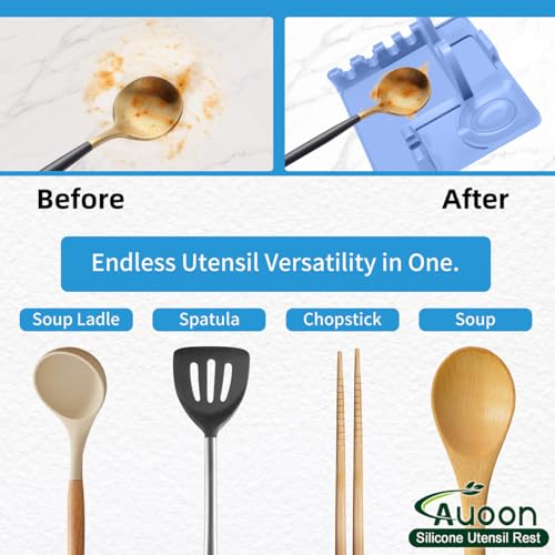 Image of Auoon Silicone Spoon Rest with Lid Holder - 3 in 1 Kitchen Utensil Rest for Soup Ladles, Pot Lids, Spatulas, Spoons, Tongs, BPA Free & Dishwasher Safe, 8.26 x 8.06 Inch (Blue Velvet, Large)