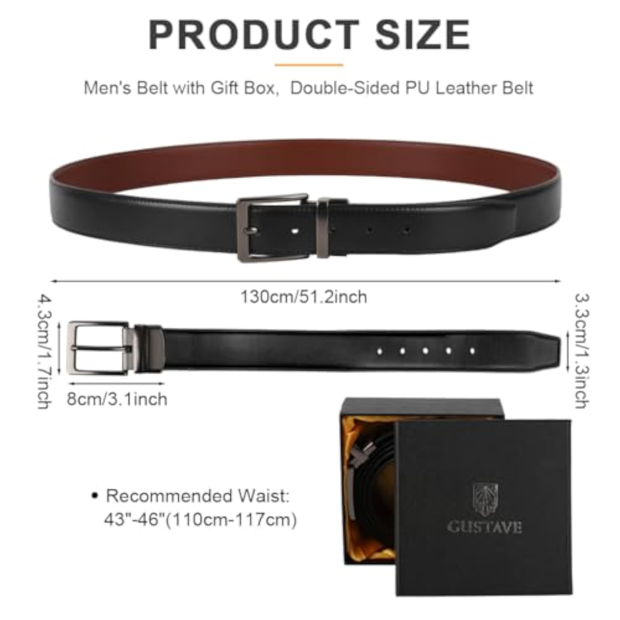 Reversible Brown PU Leather Belt for Men, 130cm