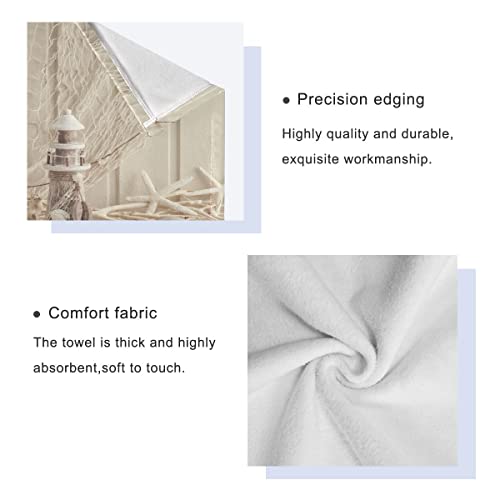 Matekuli Beach Theme Bath Towels Set Nautical Coastal Seashell Fishing Net Ocean Lighthouse Starfish 3 Piece(1 Luxury Bath Towel 1 Hand Towel 1 Washcloth) Soft Absorbent Decorative Bathroom Towels #TOP3
