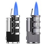 Butane Torch Lighter, 2 Pack Triple Flame Jet Lighter Durable Metal Windproof Pocket Size with Hole Punch Cutter, Torch Lighters Butane Refillable, Luxury Gift Packaging (Butane Gas Not Included)