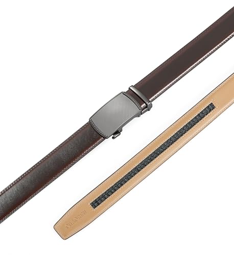 Image of Chaoren Leather Ratchet Belt 2 Pack Dress with Click Sliding Buckle 1 3 /8 inch in Gift Set Box - Adjustable Trim to Fit