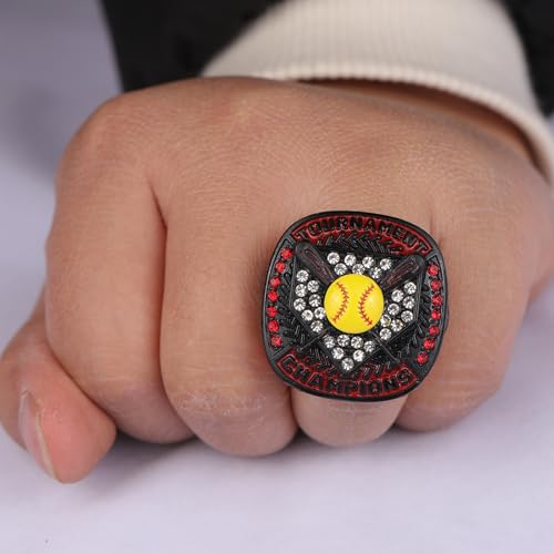 12 PCS PACK SOFTBALL TOURNAMENT AWARD gold silver black CHAMPIONSHIP RING WITH YELLOW SOFTBALL ON TOP SIZE 93