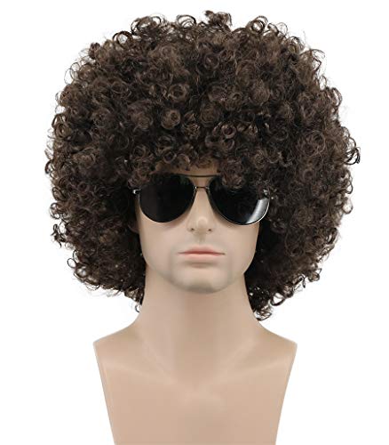 Karlery Perruque Afro des Années 70 et 80 Perruque Courte Frisée Brun Foncé de Disco Rocker pour Carnaval Halloween Cosplay Déguisement Party