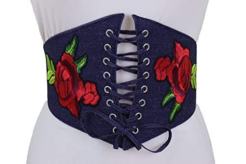 Women Fashion Wide Corset Stretch Belt High Waist Dark Blue Navy Denim Flowers S M3