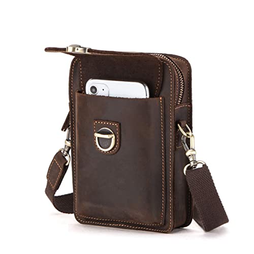 Contactos Riñonera de Cuero Genuino para Hombre Bolsa pequeña para teléfono móvil, Tarjeta, Moneda, Monedero, Café Oscuro, Taille Unique