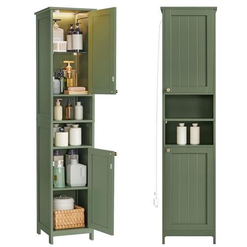 VASAGLE Tall Bathroom Cabinet with Lights, Slim Freestanding Bathroom Storage Cabinet with Adjustable Shelves, for Small Spaces, Modern, 15.7 Inches Wide, Forest Green UBBC766C01