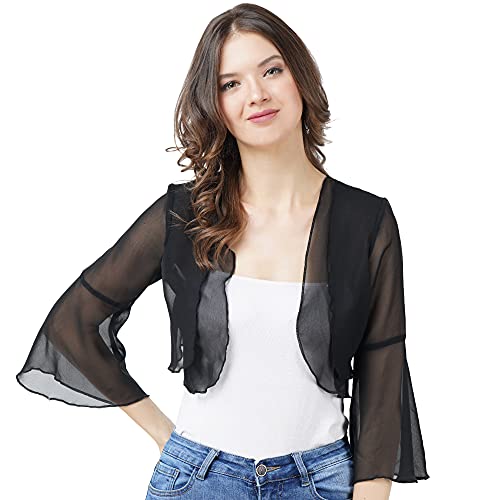 Image of AOL Women's Cropped Layered Lightweight Sheer Three-Fourth Bell Sleeves Georgette Open Neck Shrug Bolero