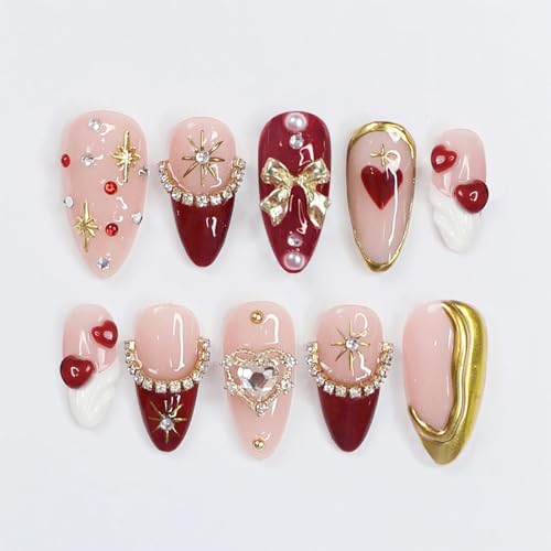 Nailing the New Year: Your Ultimate Guide to Trendy Nail Styles 178 24Pcs Valentines Press on Nails Medium Almond Fake Nails 3D Gold Bow Pearl Rhinestones Designs Heart Full Cover Acrylic Stick on Nail Red French Tip False Nails for Women Romantic Holiday Manicure