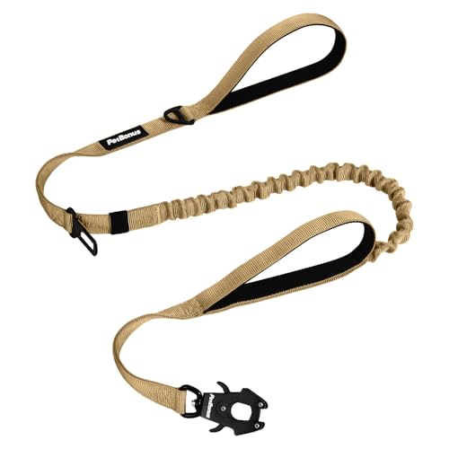 PetBonus Heavy Duty Taktische Hundeleine, 1,5m Bungee Hundeleine mit 2 Gepolsterten Griffen, Autosicherheitsgurt, No Pull Trainingsleine für Große und Mittlere Hunde (Khaki)