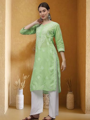 Image of Seva Chikan Hand Embroidered Lucknowi Chikankari Appricoat Peach Terivoil Cotton Kurta for Women SCL4603