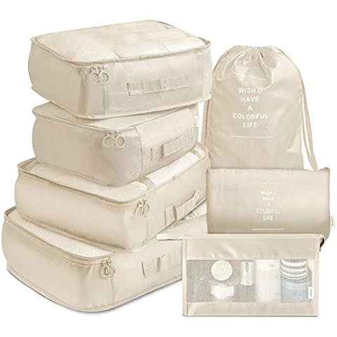 VAGREEZ Packing Cubes, 7 Pcs Travel Luggage Packing Organizers Set with Toiletry Bag (Beige) Cover