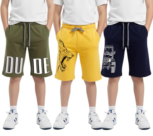Image of hotfits Boy's Cotton Knee Length Graphic Casual Shorts with Pocket -Pack of 3