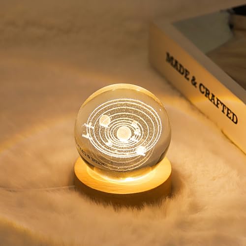 Image of 3D Solar System Crystal Ball Lamp with Dimmable LED and Wooden Base, Night Light for Kids Teens Adults, Home Desk Office Bedroom Decor, Birthday Gift (2.4 inch / 6cm)