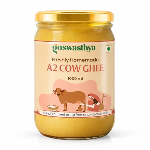 Image of Goswasthya A2 Cow Ghee 1L | Traditionally Bilona-Churned, Danedar Ghee | Aromatic| NABL Lab Tested (70+ tests), Cruelty-Free | Grass-Fed | Glass Jar