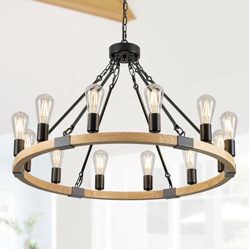 Image of Natural Wooden Wagon Wheel Chandelier 12-Light 31.5 inch Light Fixture