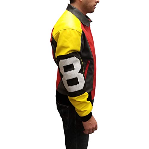 Image of My Party Shirt David Puddy 8 Ball Bomber Jacket - Faux Leather Coat 90s Costume Hip Hop Fashion Rapper Style TV Show - Red Retro