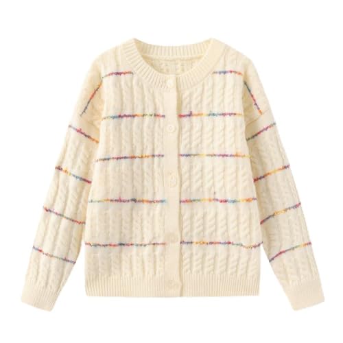 Girls Cardigan Sweater Button Up Long Sleeves Cable Knit Sweater Colorful Striped Knitted Top