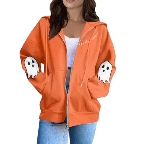 Zip Up Hoodie Women Oversized Halloween Graphic Fleece Jacket with Pockets Funny Ghost Spooky Season Sweatshirt