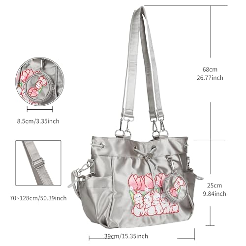 Bolso hobo para mujer de raso con bordado de conejo, bolso tote y bandolera casual miniatura 6