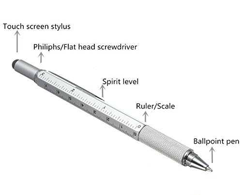 6 In 1 Multitool Pen With Gift Box - Includes 1 Ballpoint Pen, Universal Stylus Pen, Ruler,Flat And Phillips Screwdriver Bit, Level Gauge - The Perfect Multi-Function Gadget (Model A, 1Pcs Silver) #TOP1