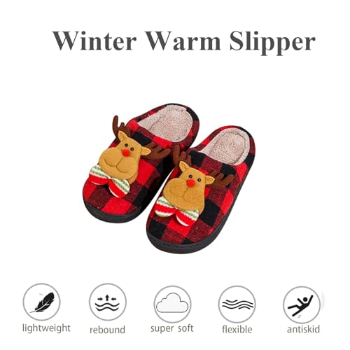 Christmas Home Slippers for Women,Fuzzy Mens Slippers,Santa Claus Reindeer Christmas Tree Retro Soft Plush Warm Slip-on House Slippers Outdoor Indoor Bedroom Shoes Anti-Skid Sole2
