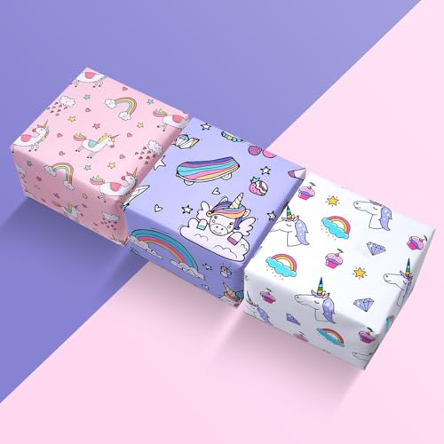 Geschenkpapierrolle zum Geburtstag: 3 Rollen à 43 cm x 3 m – Lila, Rosa und Weiß zum Verpacken von Kindergeburtstagen