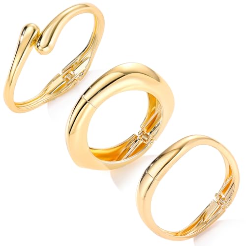 IFKM 3pcs Chunky Gold Bangle Bracelet For Women 14k Gold Plated Trendy Wide Hinged Cuff Open Bracelet Dainty Minimalist Jewelry Gifts