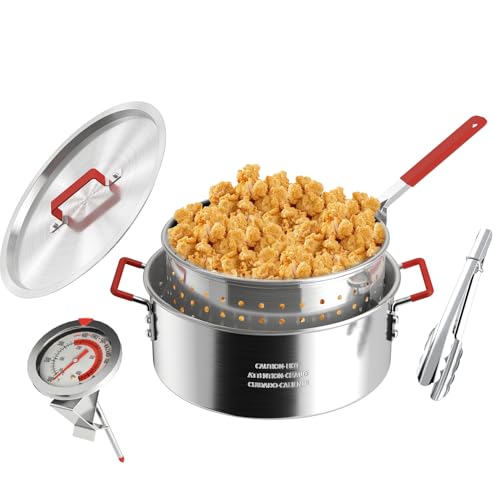 10QT Aluminum Fish Fryer Pot with Basket | Deep Fryer with Lid | Thermometer | Fryer Tongs & Easy Grip Handle for Cooking Seafood | French Fries | Chicken Wings