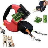 Doppelte einziehbare Hundeleine, 360° kein Verheddern, einziehbare Haustierleine, reflektierende Leinen für 2 Hunde, mit LED-Licht und Kotbeutelhalter, Einhandbremse (Rot)