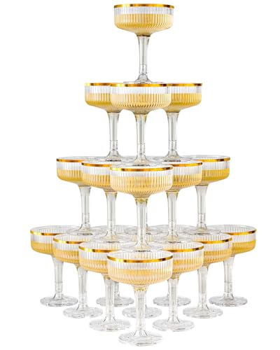 DORONAN 20 Pack Plastic Champagne Tower, 7oz Champagne Coupe glasses Unbreakable Plastic Cocktail Glasses Acrylic Martini Glasses for Wedding Birthday Party Bar, Gold