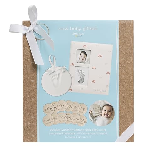 Little Pear New Baby Giftset, Rainbow Baby Keepsake Book with Included Ink Pad, Wooden Monthly Milestone Discs, Newborn Clay Handprint and Footprint Hanging Keepsake