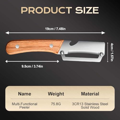Image of Stainless Steel Vegetable Peeler with Wooden Handle & Built-in Bottle Opener - Single Blade Fruit & Veg Peeler with Ergonomic Grip, Rust Resistant Kitchen Tool for Home Cooking Use