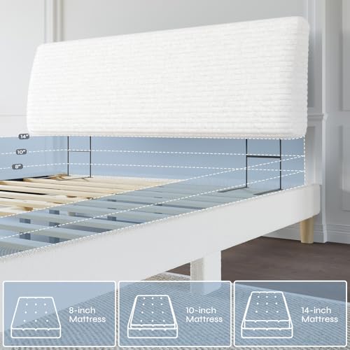 Image of Pinmoco 4.7 inch Upholstered Headboard for King Size Bed, Height Adjustable and Ergonomic Headboard, Easy Assemble, Sturdy and Durable, Corduroy, White