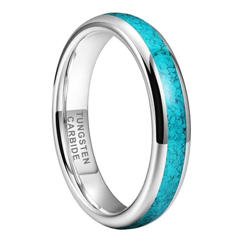 TUTISS 4mm Tungsten Rings for Women Men Fashion Wedding Bands Crushed Turquoise Inlay Domed Polished Comfort Fit Size 4