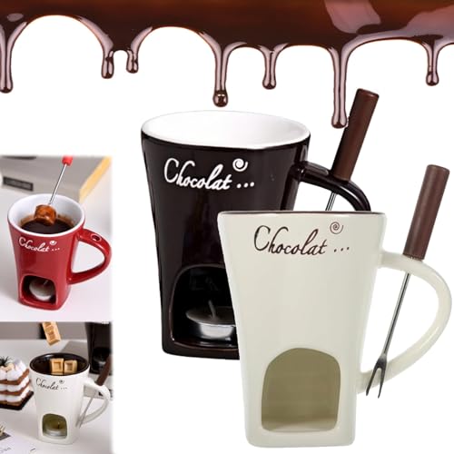 Generico Chocolate Fondue Mug, Fondue Cups Tealight, Sweet Fondue Cup, Chocolate Melting Mug with Forks, Mini Chocolate Fondue Set With Tealights (Brown+White)