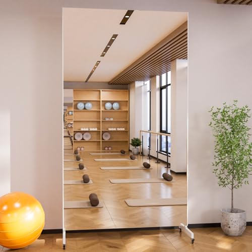 brisafe Specchio Palestra Grande, 110 x 190 cm Specchio da Terra Moderno con Base a Ruote, Nano-Specchio, Super Leggero e Infrangibile per Yoga, Terapia, Spogliatoio, Bianco