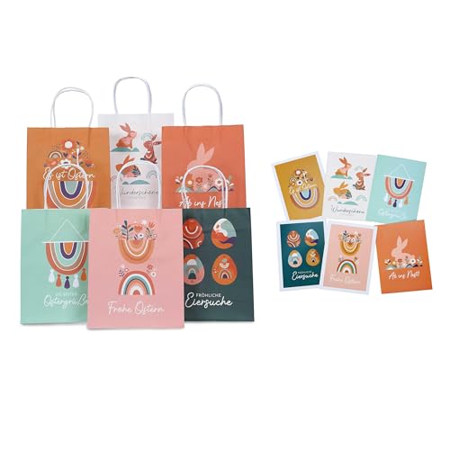 Nordstern Ostern Geschenktüten 6er Set - Bunte Papiertüten mit Henkel als Geschenkverpackung - Ostertüten zum Befüllen inkl. 6x Klappkarten, Grußkarten