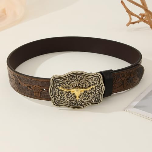 VERENIX Leather Belts for Men Women Cowboy Cowgirl Belt Western Country Waist Belt Causal Steampunk Rock Buckle Belts2