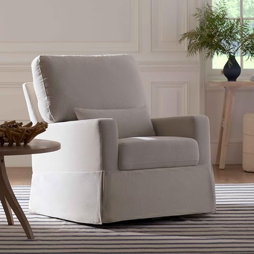 Image of Namesake Crawford Glider Recliner, Fog Chatham Stripe Performance Eco-Weave | 360 Swivel Ultra Cozy Glider Rocker for Feeding & Relaxing w / Lumbar Pillow - GREENGUARD Certified - For Nursery /Living Room