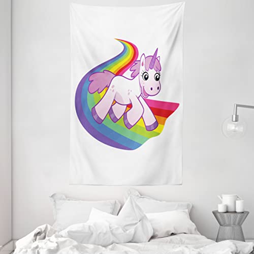ABAKUHAUS Einhorn Wandteppich & Tagesdecke, Fee Kreatur Regenbogen aus Weiches Mikrofaser Stoff Waschbar ohne Verblassen Digitaldruck, 140 x 230 cm, Weiß Flieder