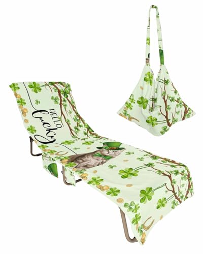 St. Patrick's Cat Beach Chair Towel Covers for Chaise Lounge with Side Pocket, Soft Plush Pool Towels Cover for Patio Sunbathing Outdoor 29''x85'' Spring Green Plant Tree Watercolor