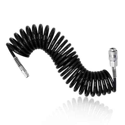 TIANLIN Wąż spiralny na sprężone powietrze, spiralny wąż spiralny o długości 6 m, czarny wąż kompresorowy PU, średnica 8 x 5 mm, z szybkozłączką, do sprężarek powietrza i urządzeń nadmuchiwanych