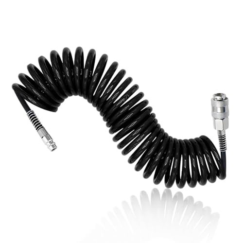 TIANLIN Spiralschlauch Druckluft, 6 m Langes Spirale Luftschlauch Kompressor, Schwarzer PU-Kompressorschlauch, Durchmesser 8 x 5 mm, mit Schnellkupplung, für Luftkompressoren und Aufblasgeräte