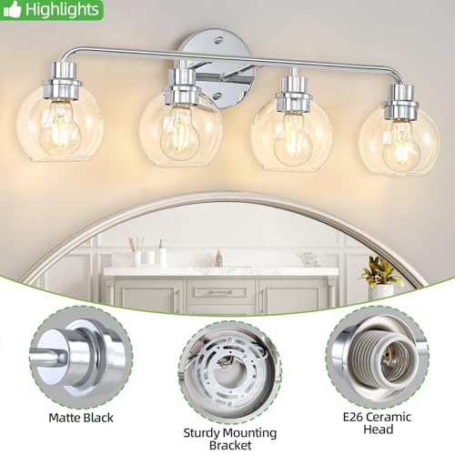 Image of Bathroom Light Fixtures Chrome Vanity Light 27 Inch Silver 4 Light