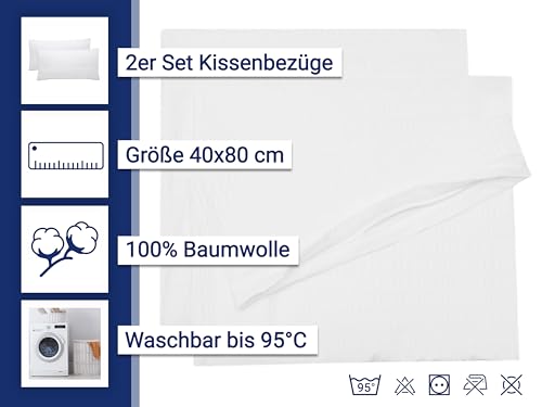 Kissenbezug ZOLLNER 2er Set 40×80 cm in Weiß mit Reißverschluss
