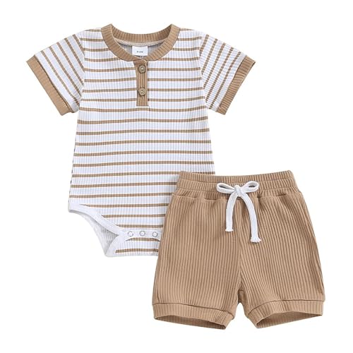 JiAmy Baby Jungen Kleidung Sommer Zweiteiler Outfit Kurzarm Gestreift Body Strampler + Shorts Set Neugeborene Weiche Baumwolle Babykleidung für Jungen 6-9 Monate Khaki