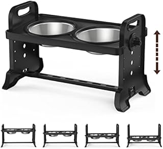 Lewondr Raised Pet Bowls for Dogs and Cats 4 Adjustable Height Stainless Steel Food and Water Bowls Pet Dish with Double Bowls Detachable Elevated Feeder Dishwasher Safe - Black