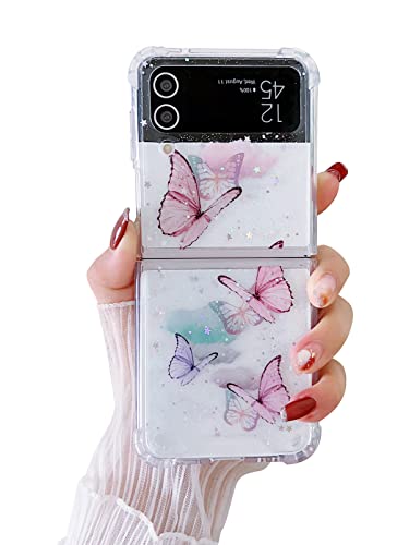 MUNDULEA Compatible with Samsung Flip 4 Case Clear Women Girls Pink Butterfly Stars Sparkle Glitter Anti-Scratch Shockproof Soft TPU Phone Cases for Galaxy Z Flip 4 (Butterfly Pink)