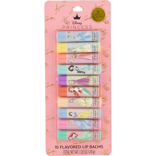 Disney Princess 10 Flavored Lip Balms | Coconut Strawberry Vanilla Peach Raspberry Grape Peppermint Lemon & Blueberry | Cruelty Free